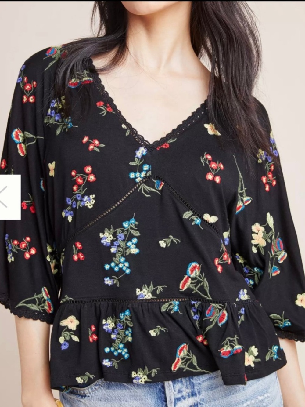 Anthropologie Black Floral Embroidered Blouse with Olive and Pink Accents